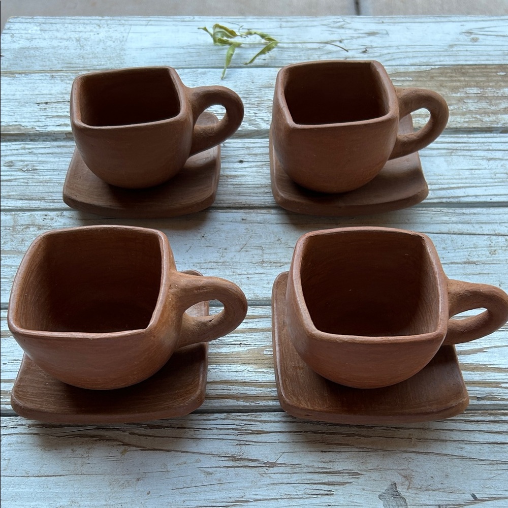 Set of Four Handcrafted Brown Natural Ceramic Clay Square Cups And Saucers.